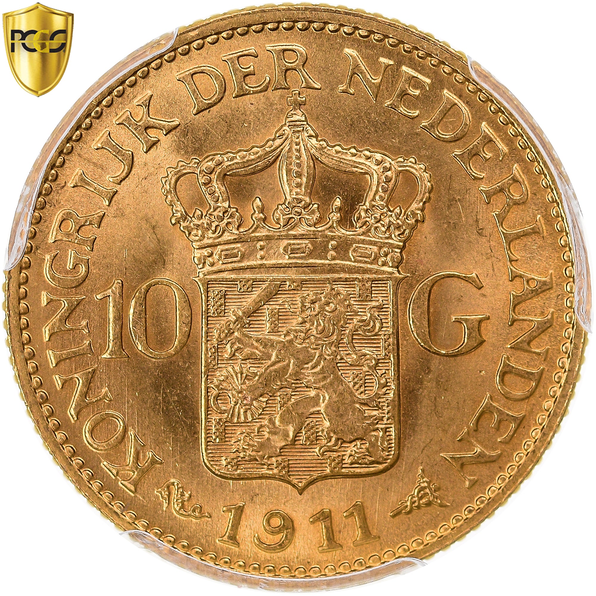 Coin, Netherlands, Wilhelmina I, 10 Gulden, 1911, Utrecht, PCGS, MS65
