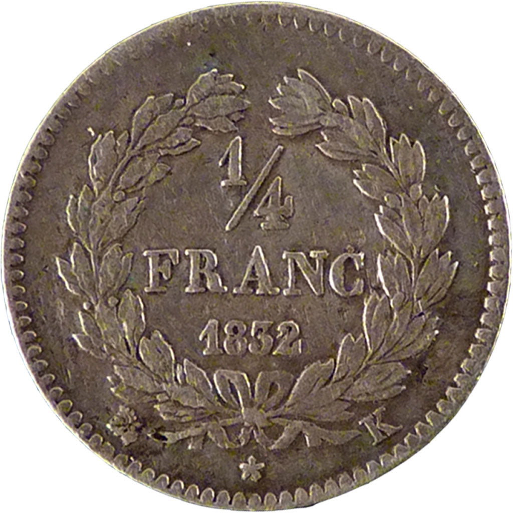 FRANCE, Louis-Philippe, 1/4 Franc, 1832, Bordeaux, EF(40-45), Silver, Gadoury...