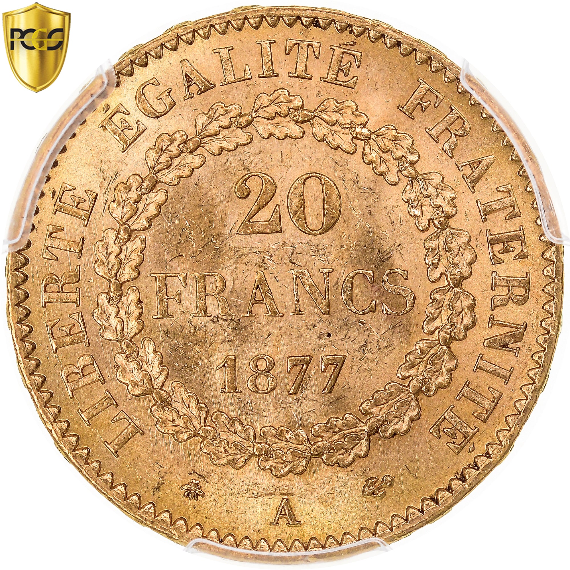Munten, Frankrijk, Génie, 20 Francs, 1877, Paris, PCGS, MS64, UNC, Goud