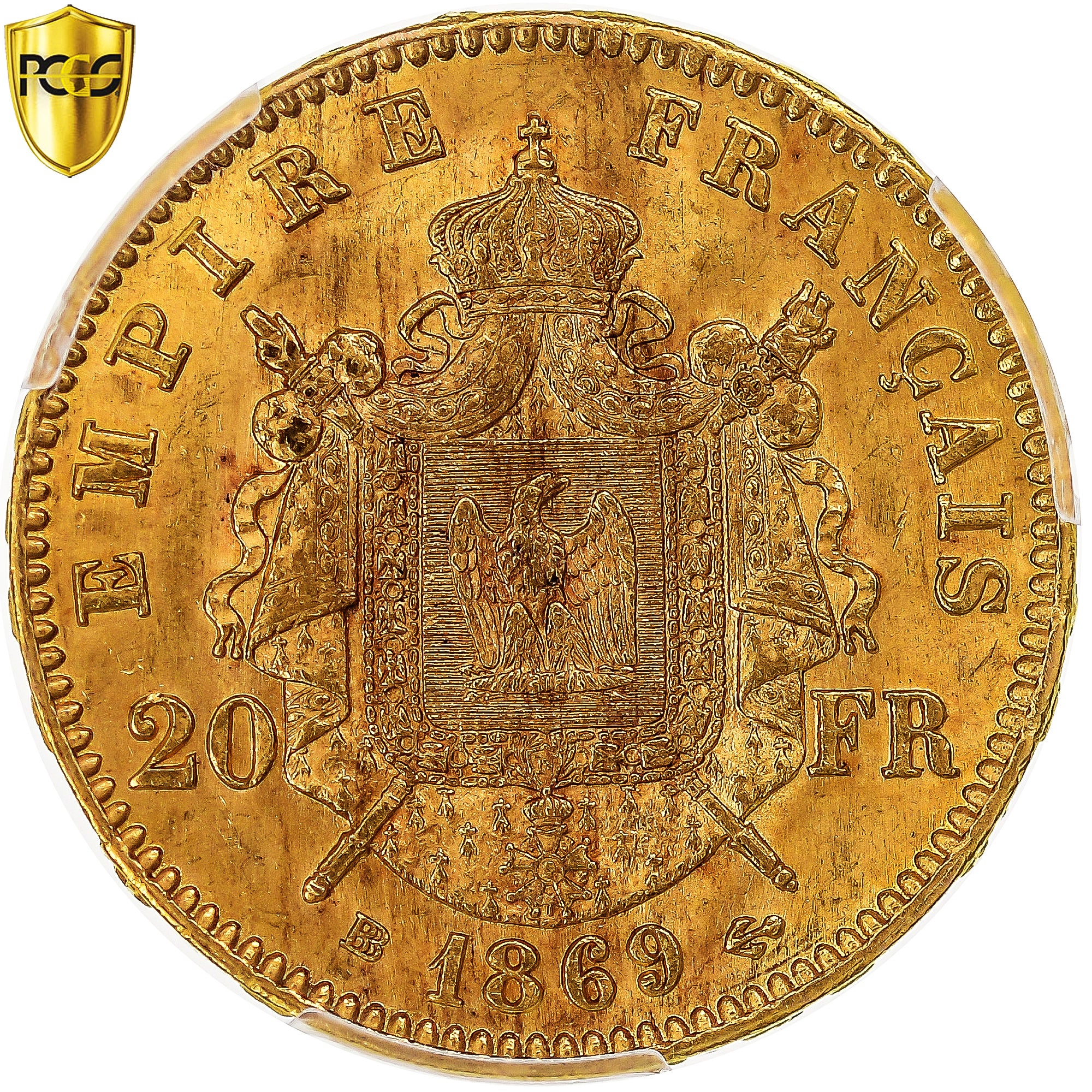 Moneda, Francia, Napoleon III, 20 Francs, 1869, Strasbourg, PCGS, MS63, SC, Oro