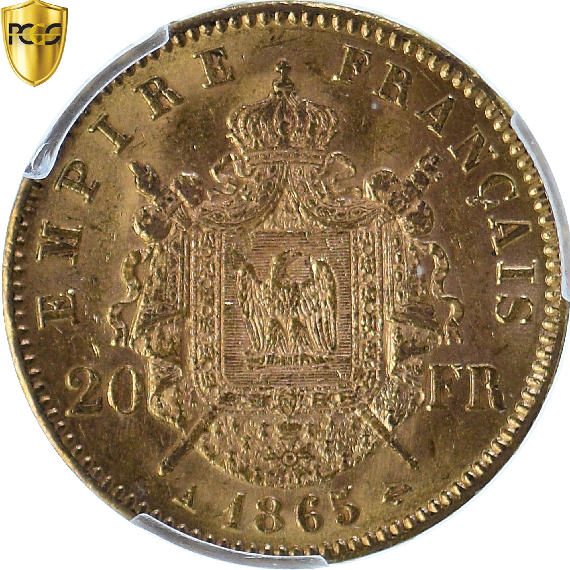 Monnaie, France, Napoleon III, 20 Francs, 1865, Paris, PCGS, MS61, SUP+, Or