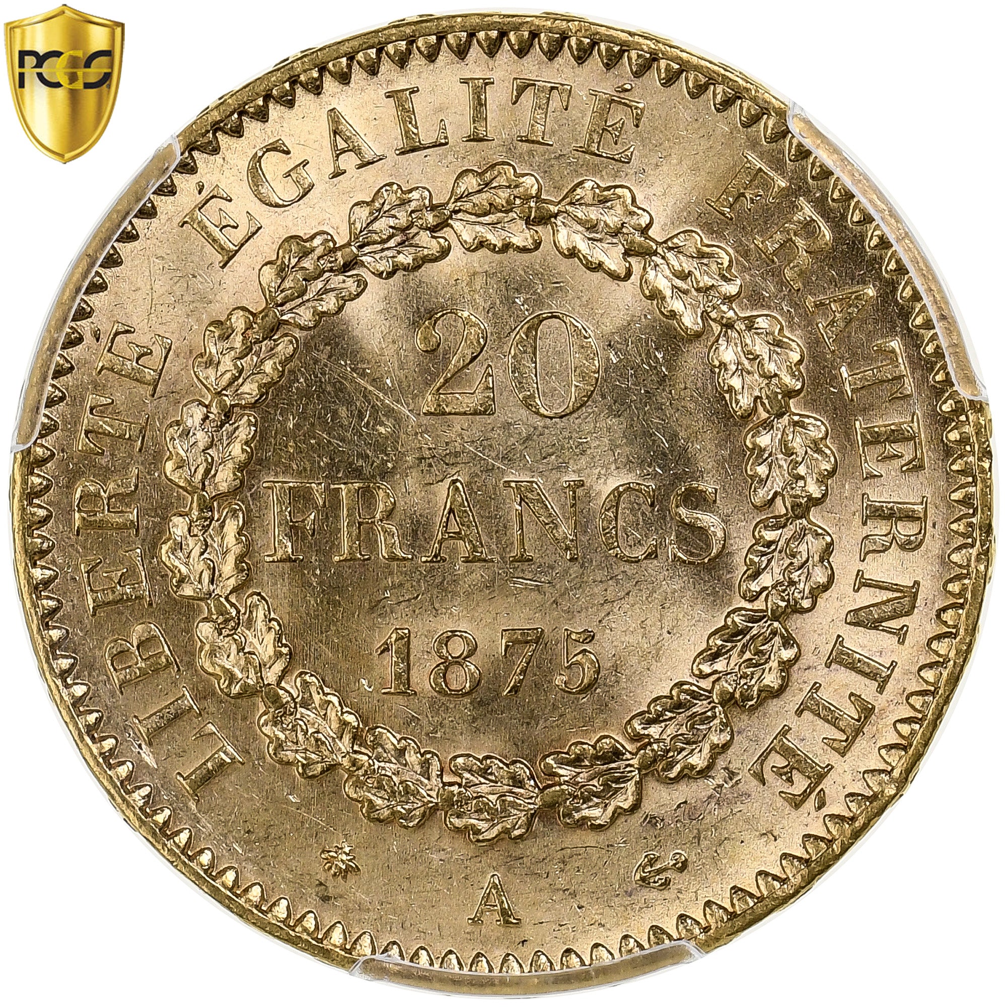 França, 20 Francs, Génie, 1875, Paris, Dourado, PCGS, MS(63), Le Franc:F.533