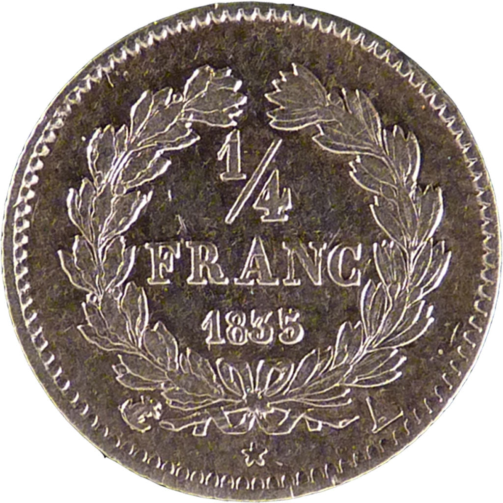FRANCE, Louis-Philippe, 1/4 Franc, 1835, Paris, AU(50-53), Silver, Gadoury...