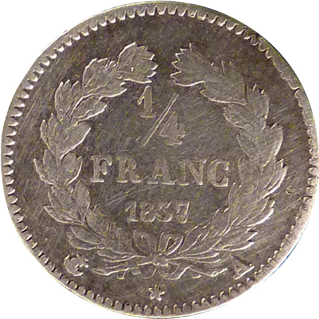 FRANCE, Louis-Philippe, 1/4 Franc, 1837, Paris, KM #740.1, VF(20-25), Silver,...