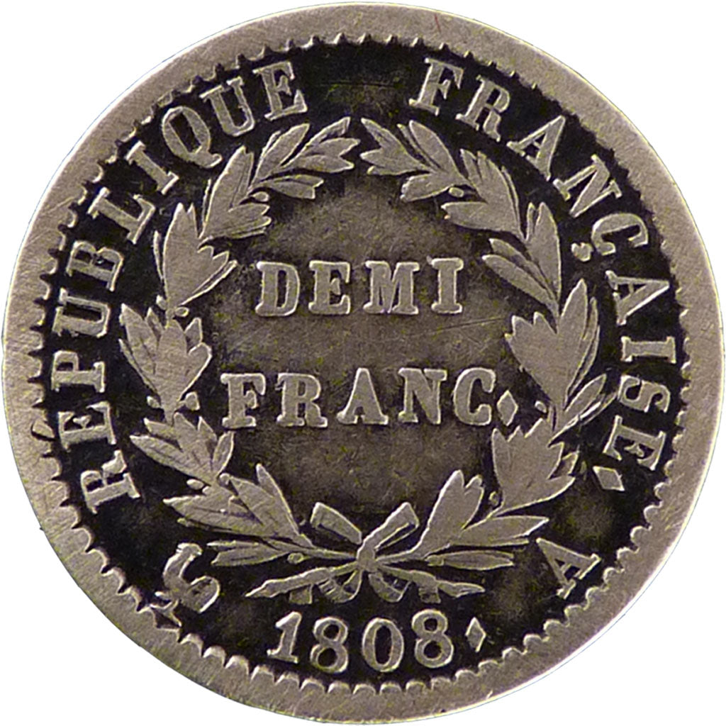 FRANCE, Demi Franc, 1808, Paris, VF(30-35), Silver, Gadoury #398, 2.50