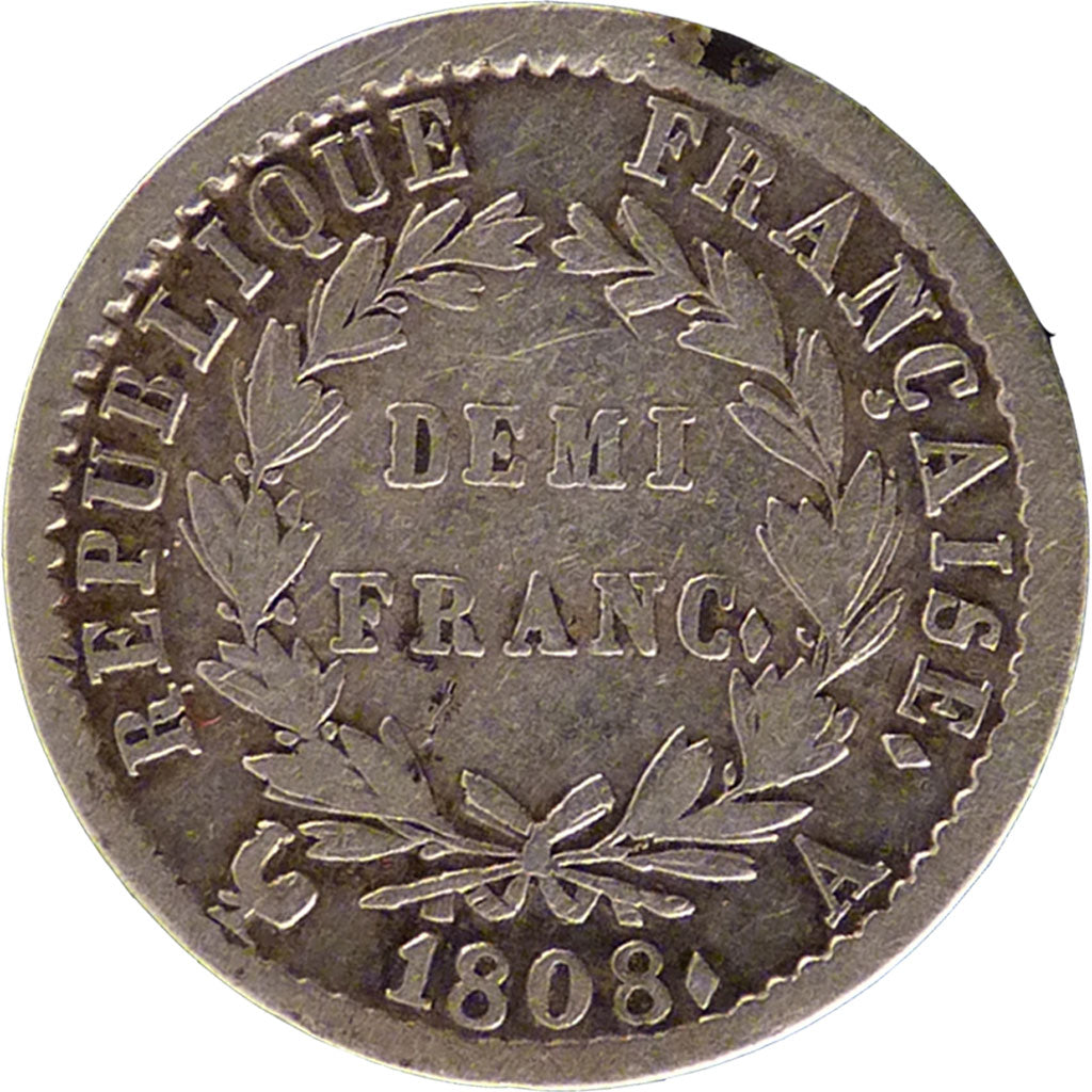 FRANCE, Demi Franc, 1808, Paris, VF(20-25), Silver, Gadoury #398, 2.40
