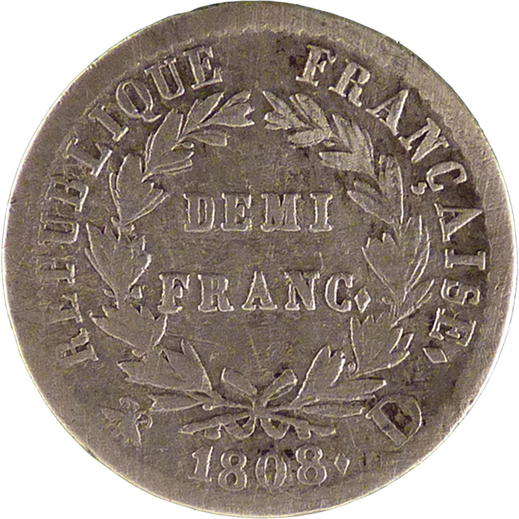FRANCE, Napoléon I, 1/2 Franc, 1808, Lyon, KM #680.4, VF(30-35), Silver, Gadoury