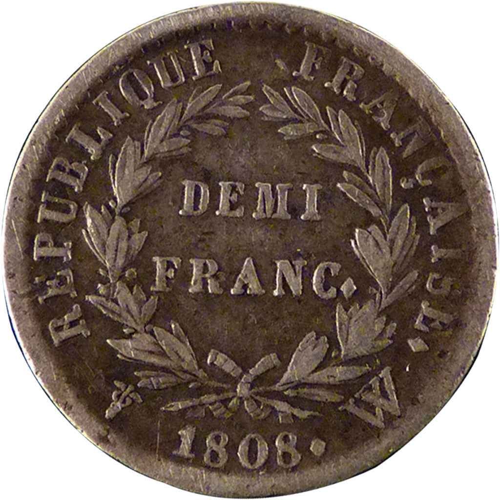 FRANCE, Napoléon I, 1/2 Franc, 1808, Lille, KM #680.14, VF(30-35), Silver, G...