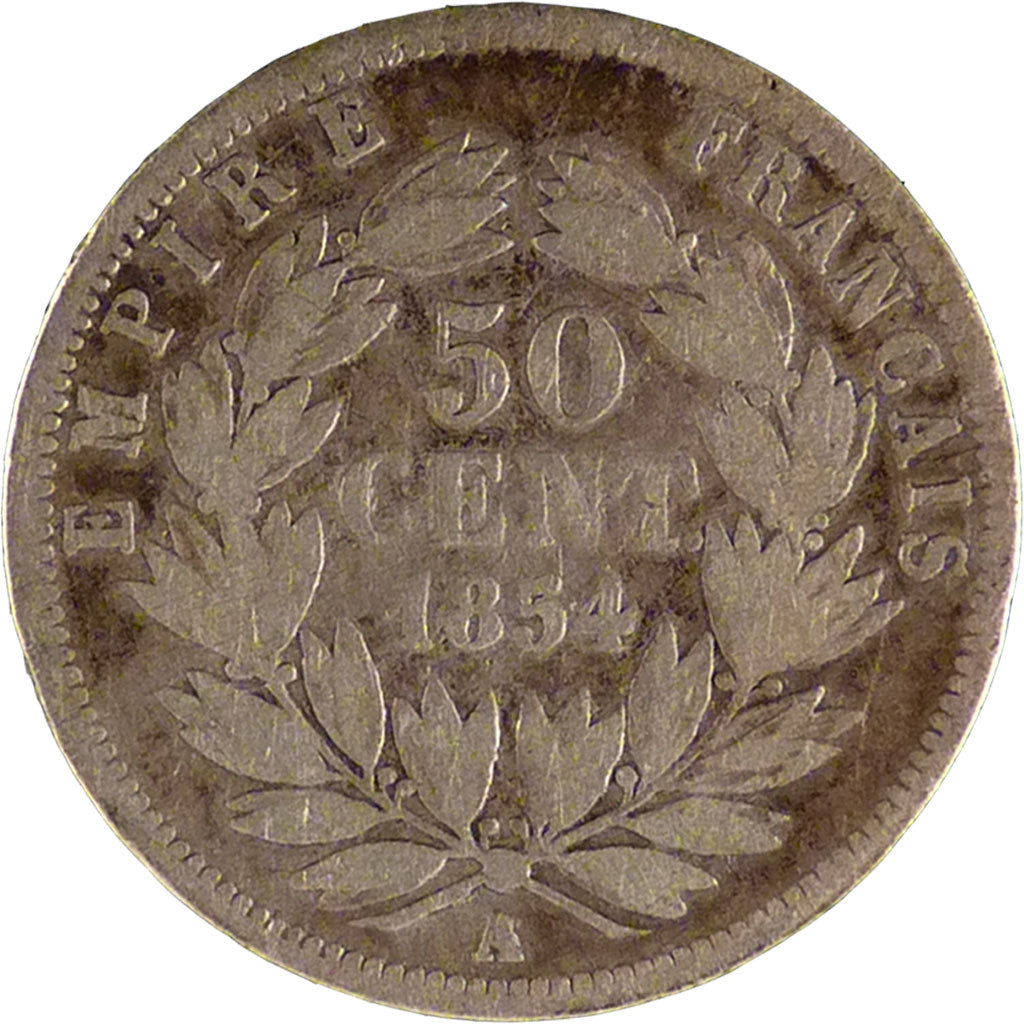 FRANCE, 50 Centimes, 1854, Paris, F(12-15), Silver, Gadoury #414, 2.40