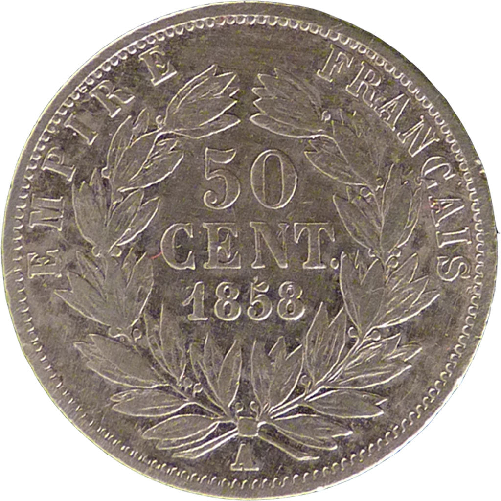 FRANCE, 50 Centimes, 1858, Paris, VF(20-25), Silver, Gadoury #414, 2.30