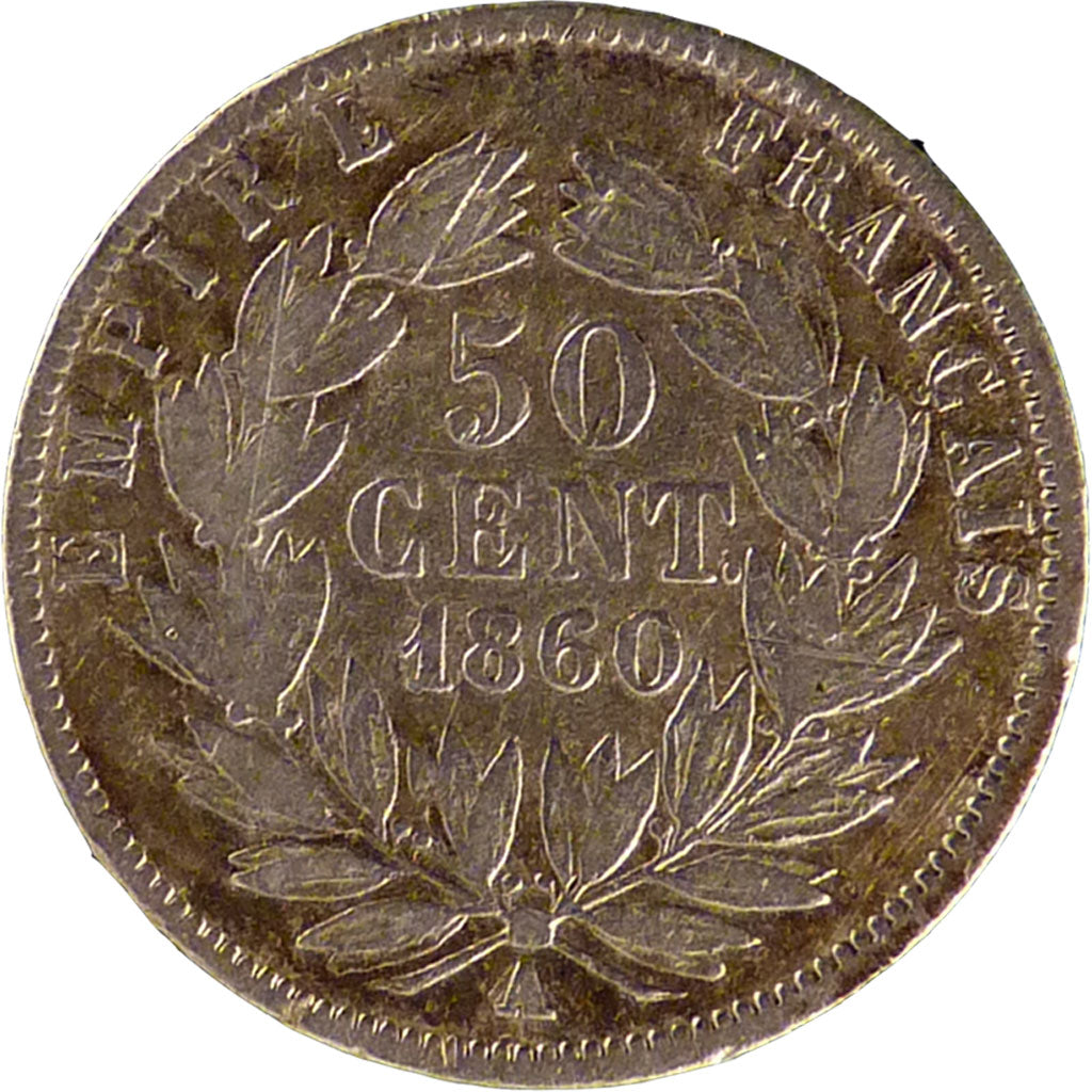 FRANCE, Napoléon III, 50 Centimes, 1860, Paris, KM #794.1, VG(8-10), Silver, G..