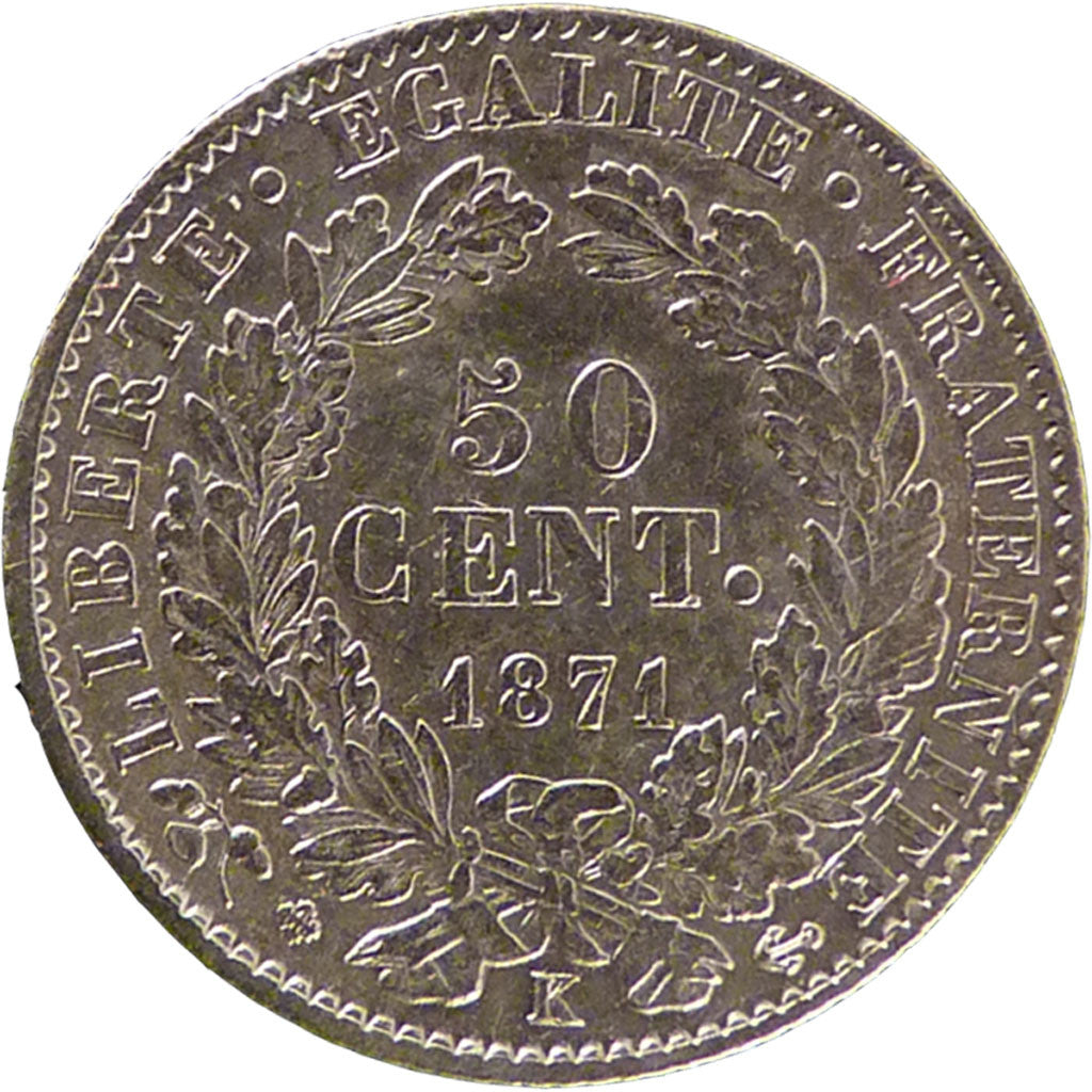 FRANCE, Cérès, 50 Centimes, 1871, Bordeaux, KM #834.2, EF(40-45), Silver, Gadour