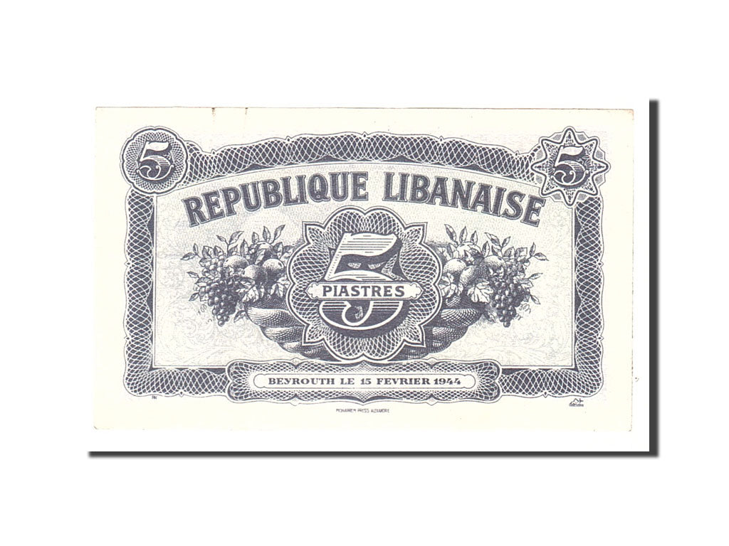 Lebanon, 5 Piastres, 1944, KM:38, 1944-02-15, AU(55-58)