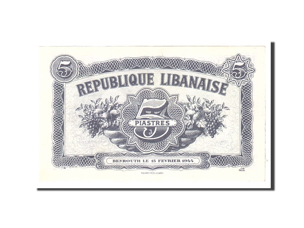 Lebanon, 5 Piastres, 1944, KM:38, 1944-02-15, UNC(63)