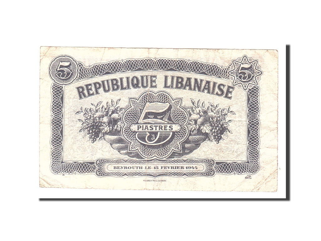 Lebanon, 5 Piastres, 1944, KM:38, 1944-02-15, VF(20-25)