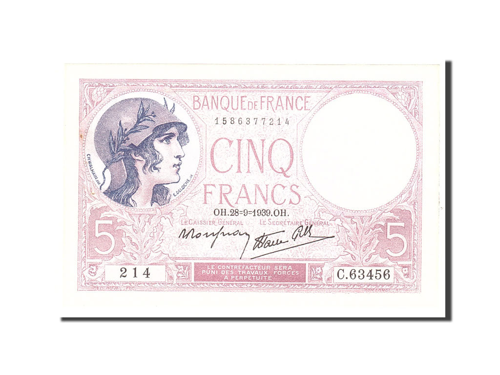 France, 5 Francs, 1939, KM:83, 1939-09-28, UNC(63), Fayette:4.10