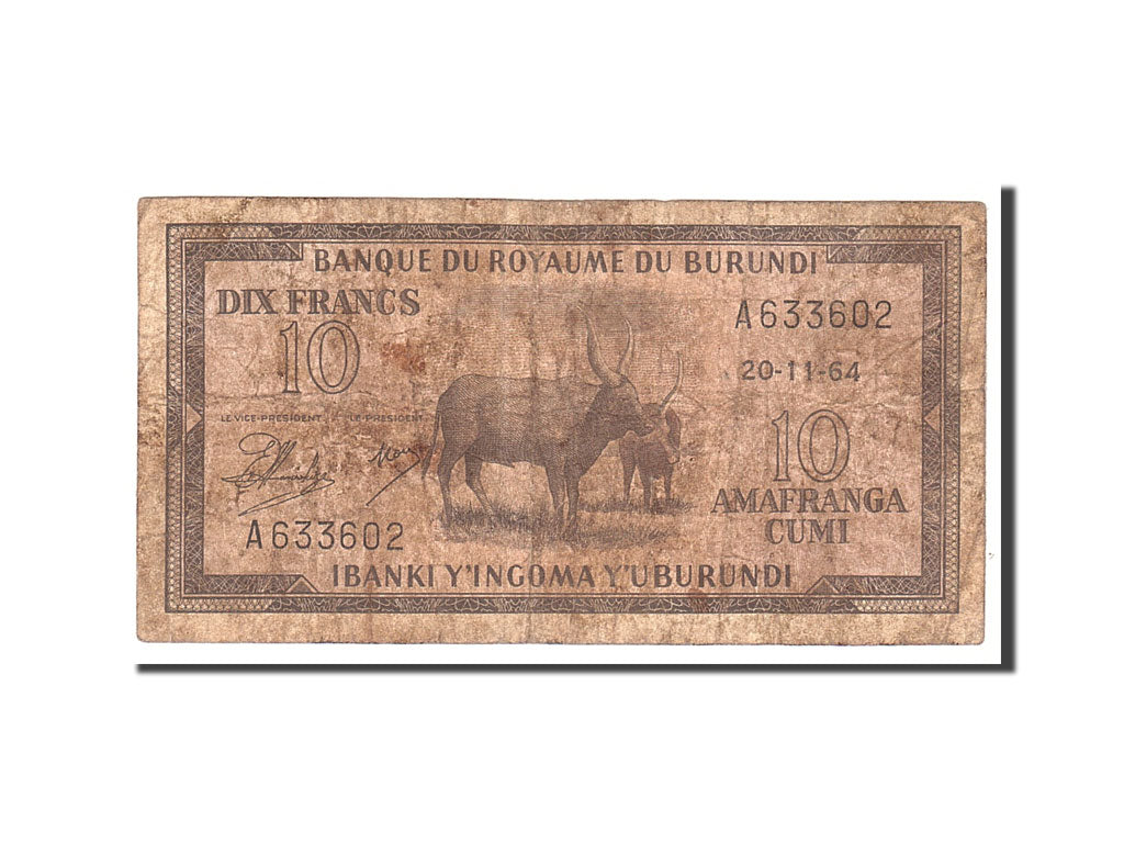 Burundi, 10 Francs, 1964, 1964-11-20, KM:9, VG(8-10)