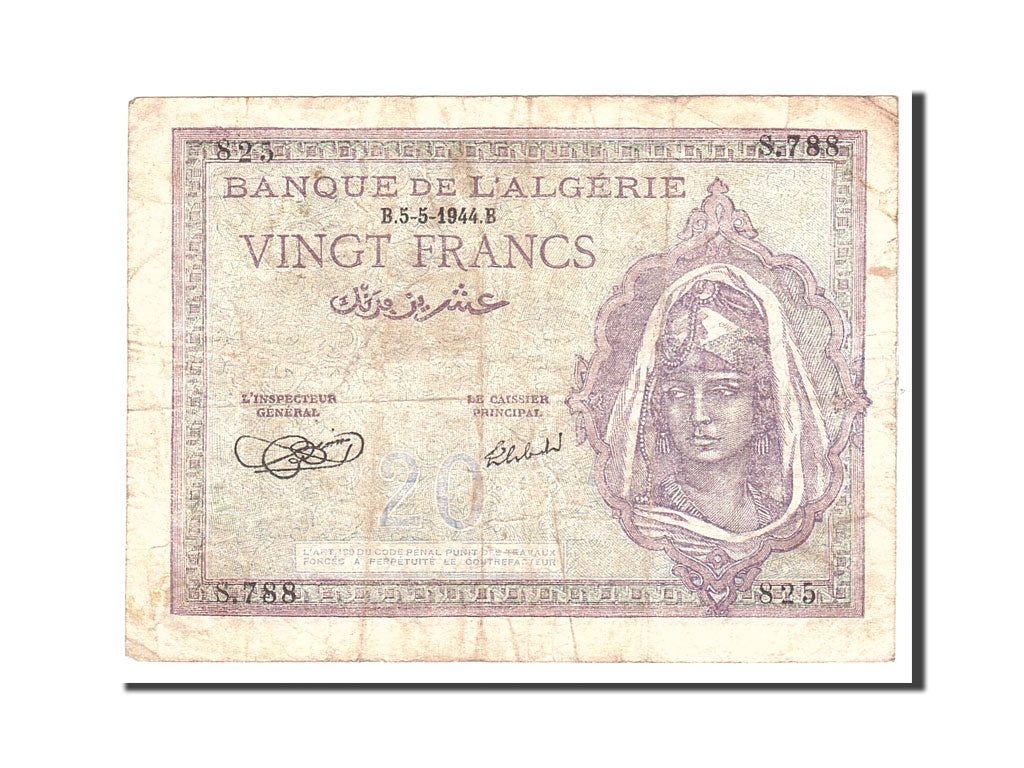 Algeria, 20 Francs, 1944, KM:92a, 1944-05-05, VF(20-25)
