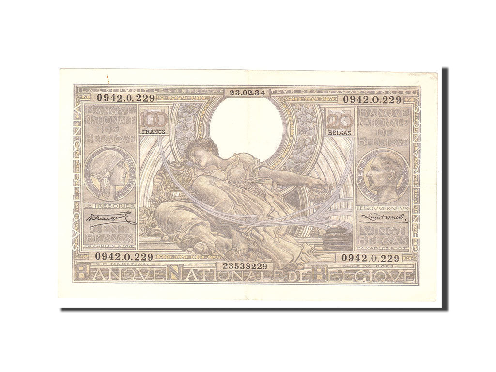 Belgium, 100 Francs-20 Belgas, 1934, KM:107, 1934-02-23, AU(50-53)