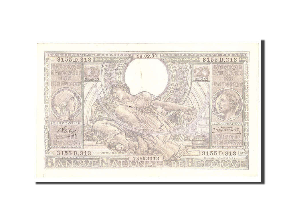 Belgium, 100 Francs-20 Belgas, 1937, KM:107, 1937-02-16, EF(40-45)