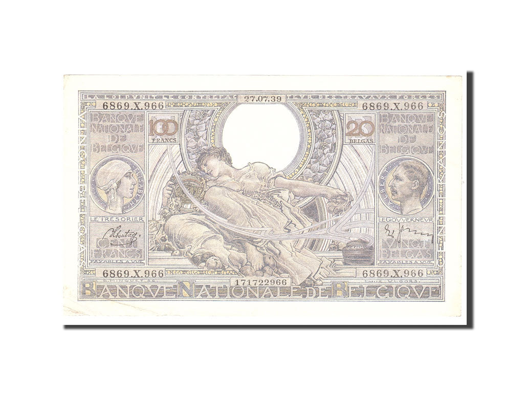 Belgio, 100 Francs-20 Belgas, 1939, KM:107, 1939-07-27, BB