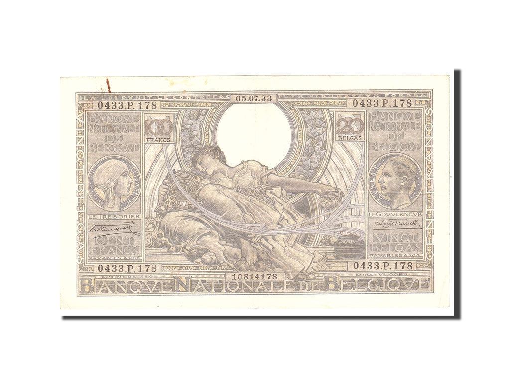 Belgium, 100 Francs-20 Belgas, 1933, KM:107, 1933-07-05, EF(40-45)