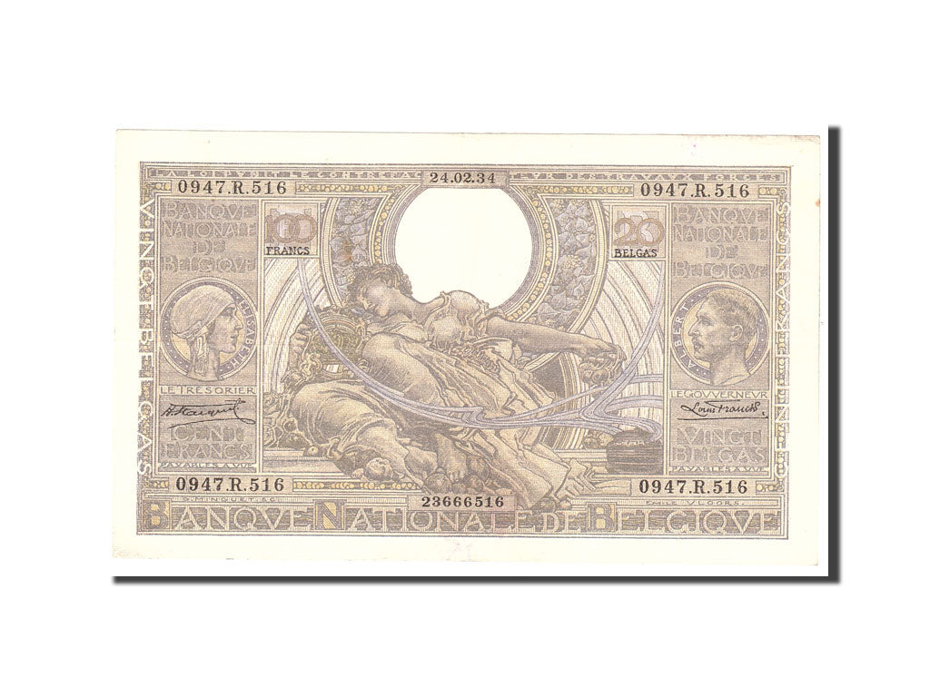 Belgio, 100 Francs-20 Belgas, 1934, KM:107, 1934-02-24, BB