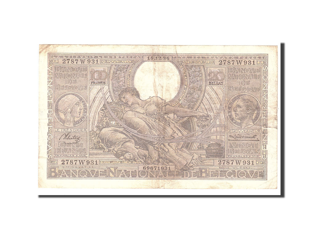 Banknote, Belgium, 100 Francs-20 Belgas, 1936, 1936-12-18, KM:107, VF(30-35)