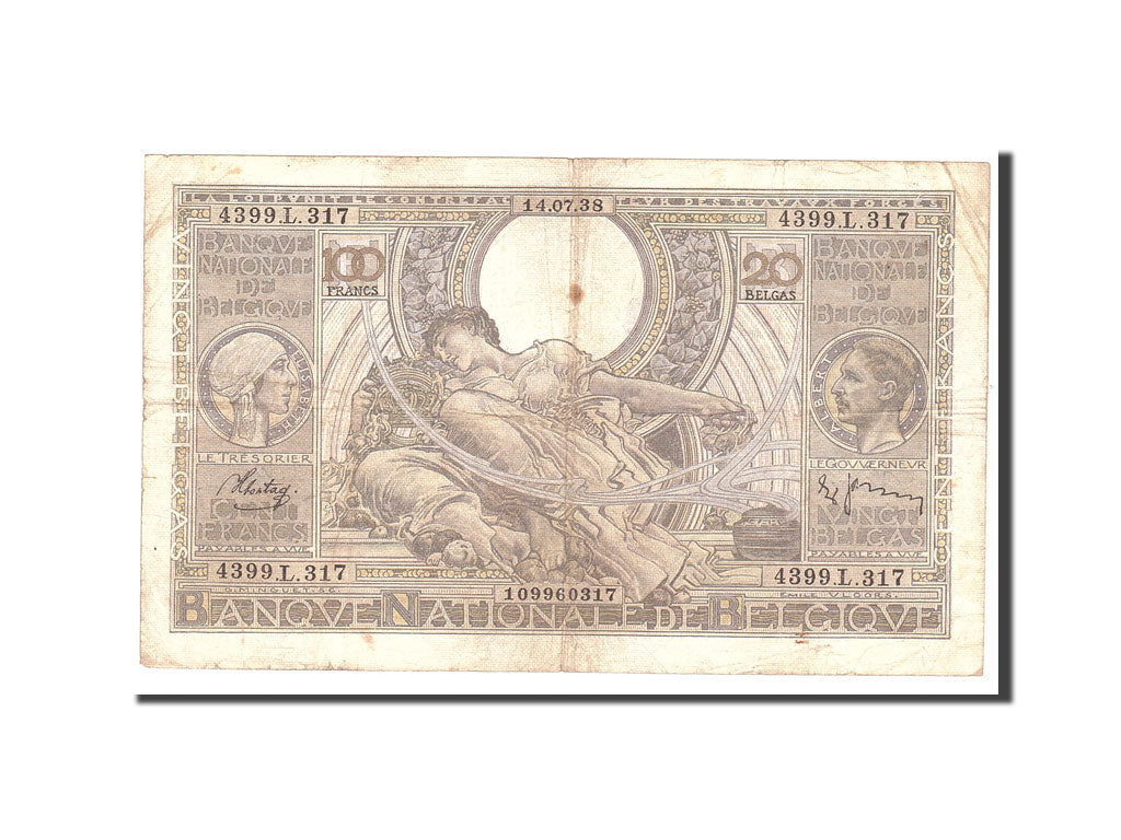 Banknote, Belgium, 100 Francs-20 Belgas, 1938, 1938-07-14, KM:107, VF(20-25)