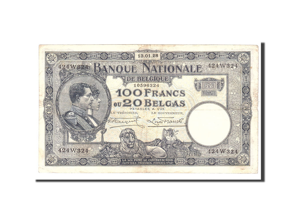 Belgio, 100 Francs-20 Belgas, 1928, KM:102, 1928-01-13, BB