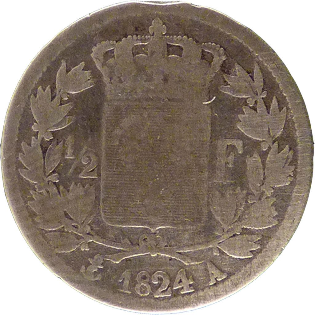 FRANCE, Louis XVIII, 1/2 Franc, 1824, Paris, VG(8-10), Silver, Gadoury #401,...