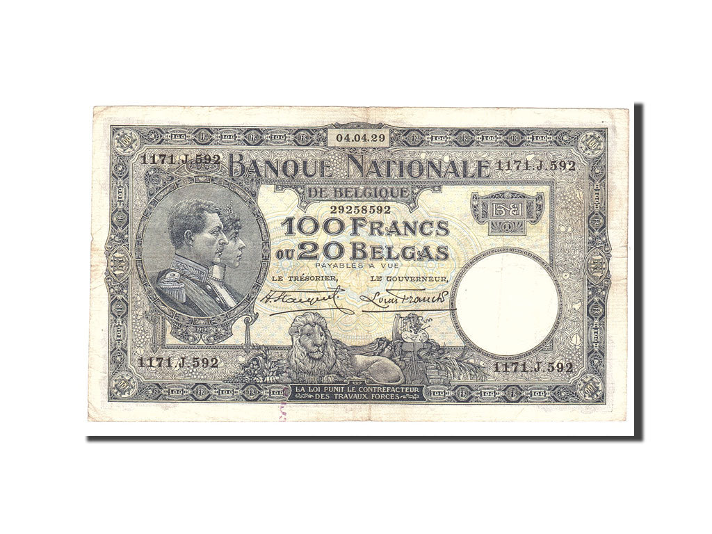 Belgien, 100 Francs-20 Belgas, 1929, KM:102, 1929-04-04, VF(30-35)