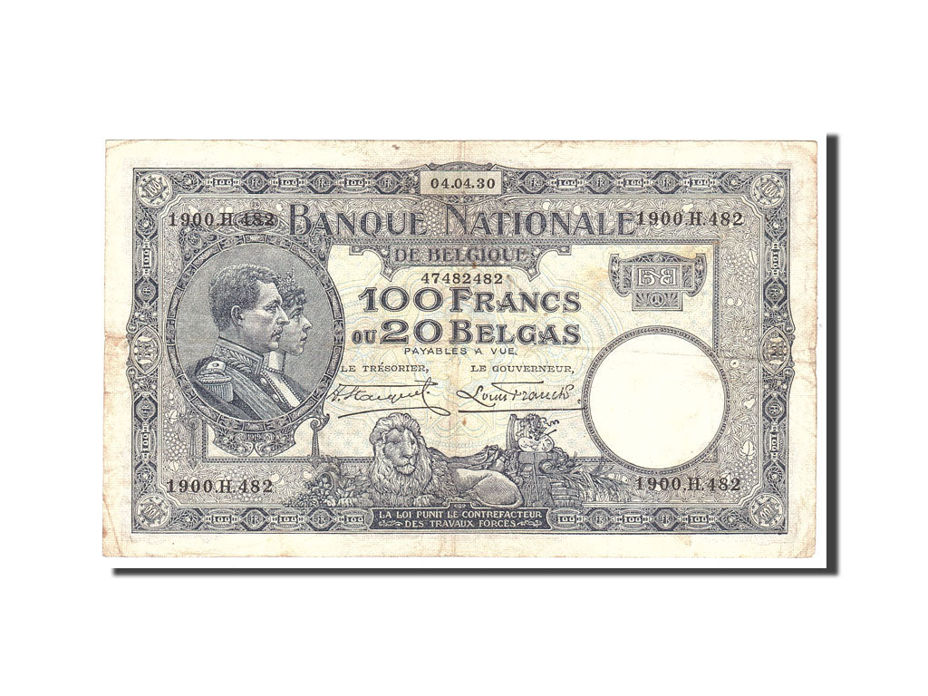 Banknote, Belgium, 100 Francs-20 Belgas, 1930, 1930-04-04, KM:102, VF(20-25)