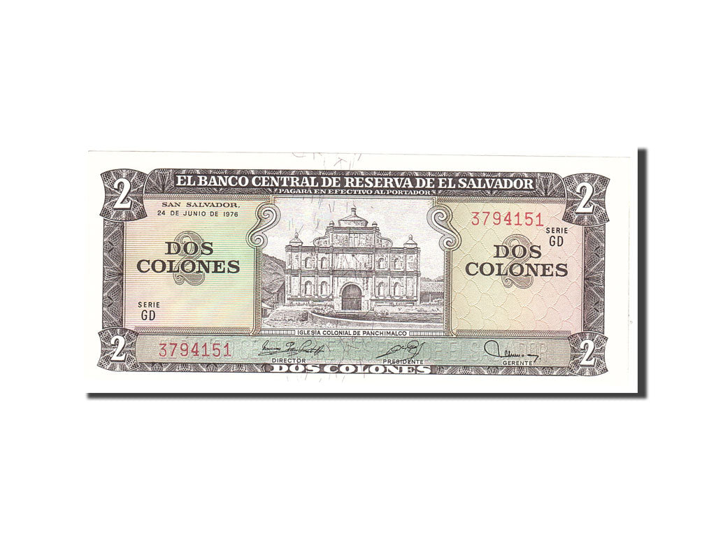 El Salvador, 2 Colones, 1976, KM:124a, 1976-06-24, UNC(65-70)