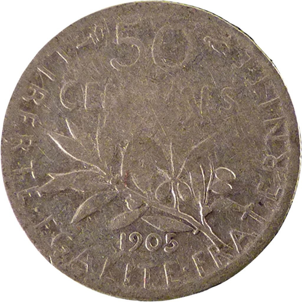 FRANCE, Semeuse, 50 Centimes, 1905, Paris, VF(20-25), Silver, 18.1, Gadoury...