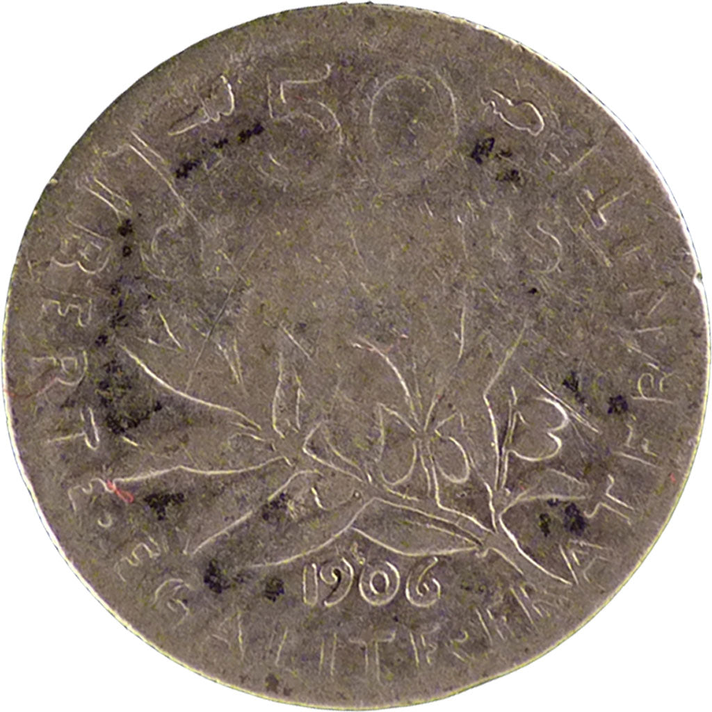 FRANCE, Semeuse, 50 Centimes, 1906, Paris, VG(8-10), Silver, 18.1, Gadoury...