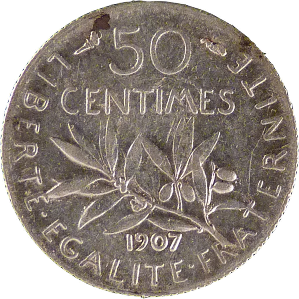 FRANCE, Semeuse, 50 Centimes, 1907, Paris, EF(40-45), Silver, 18.1, Gadoury...