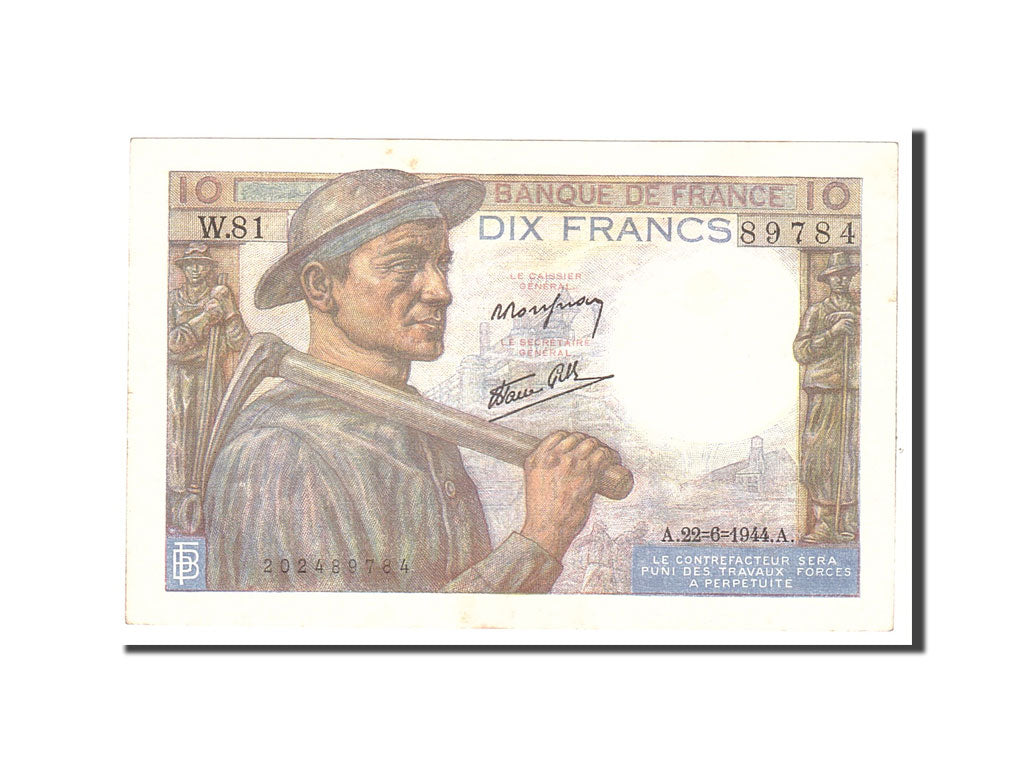 France, 10 Francs, 1944, KM:99e, 1944-06-22, EF(40-45), Fayette:8.12