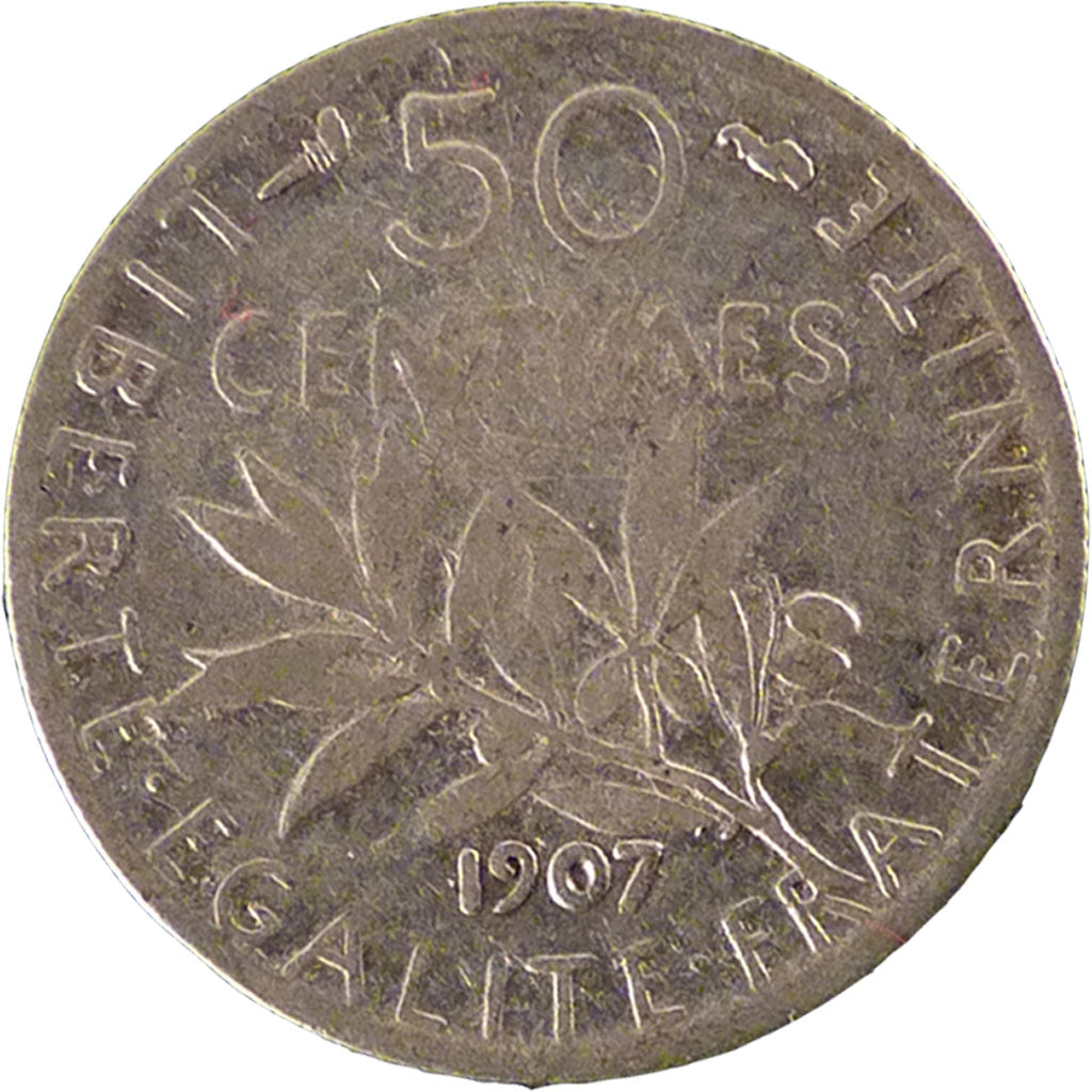 FRANCE, Semeuse, 50 Centimes, 1907, Paris, KM #854, VF(20-25), Silver, 18.1,...