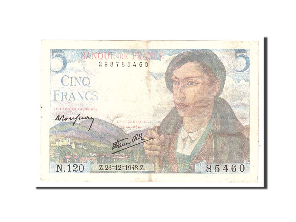 Biljet, Frankrijk, 5 Francs, 1943, 1943-12-23, TTB, Fayette:5.5, KM:98a