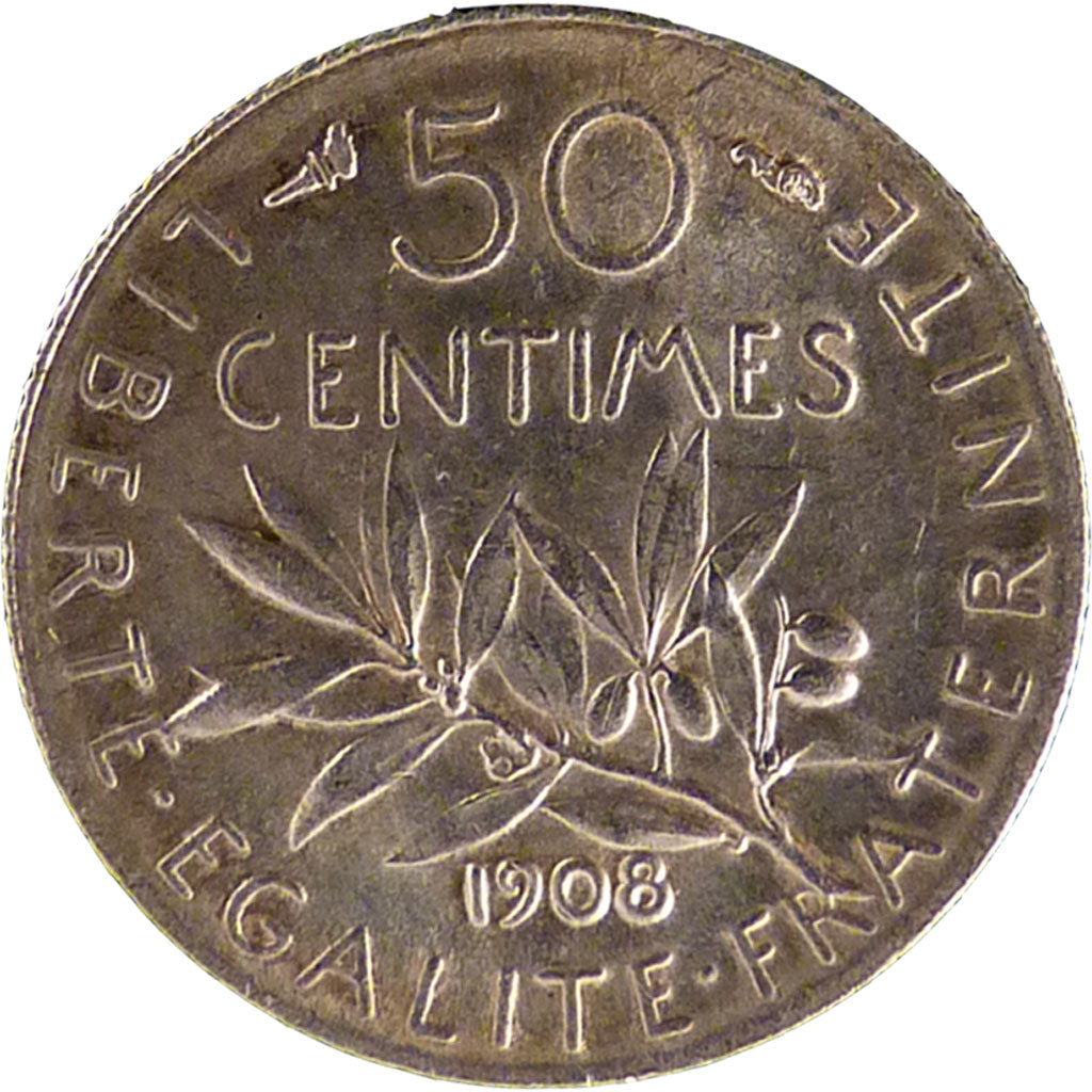 FRANCE, Semeuse, 50 Centimes, 1908, Paris, KM #854, MS(60-62), Silver, 18.1,...