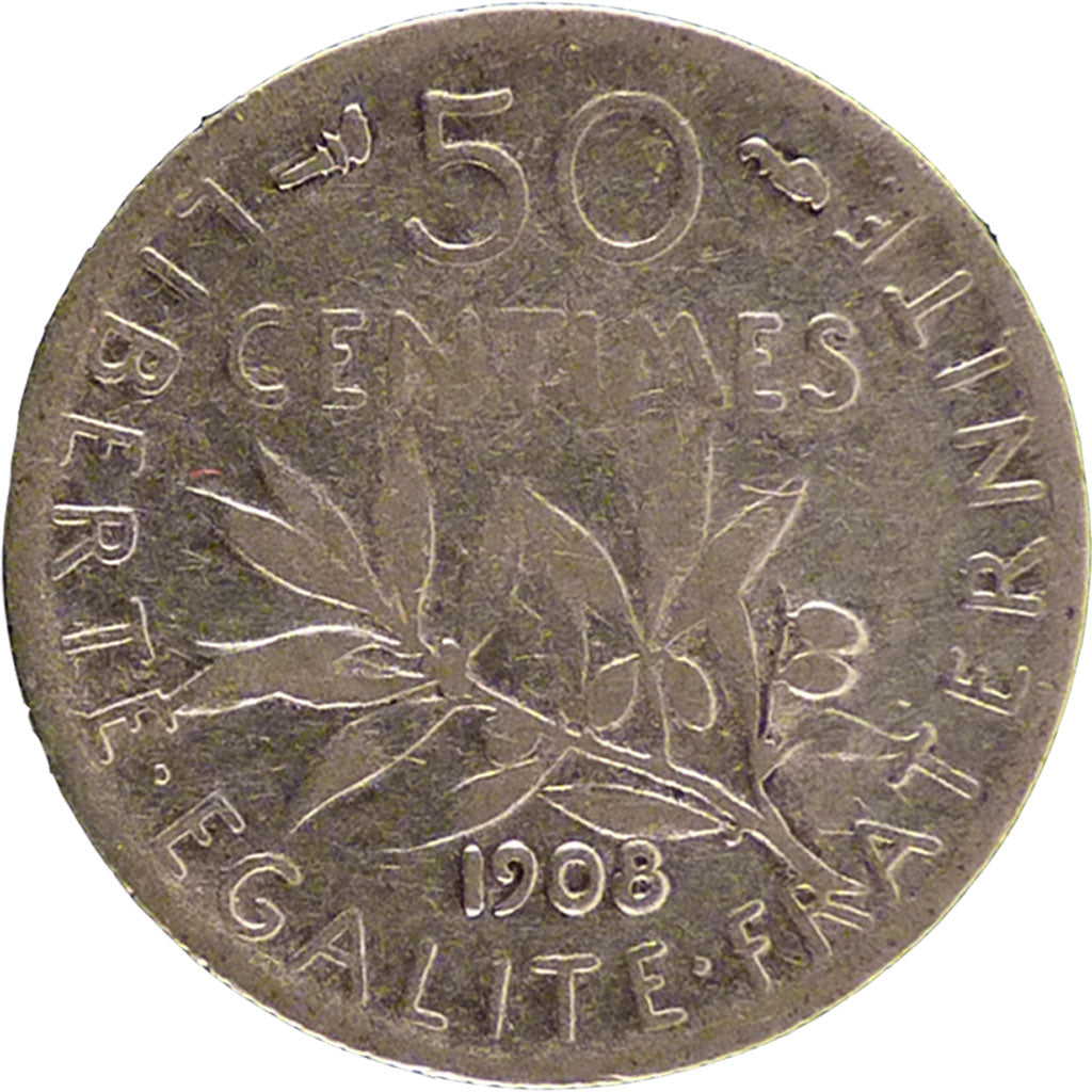 FRANCE, Semeuse, 50 Centimes, 1908, Paris, EF(40-45), Silver, 18.1, Gadoury...