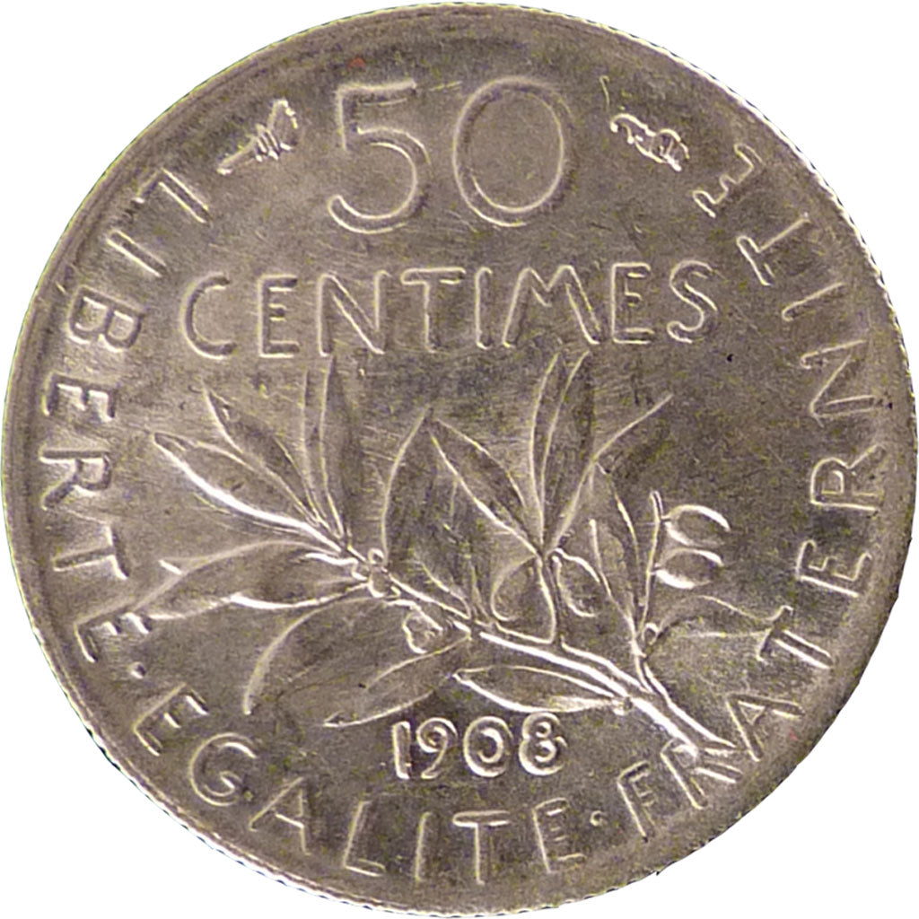 FRANCE, Semeuse, 50 Centimes, 1908, Paris, KM #854, AU(55-58), Silver, 18.1,...