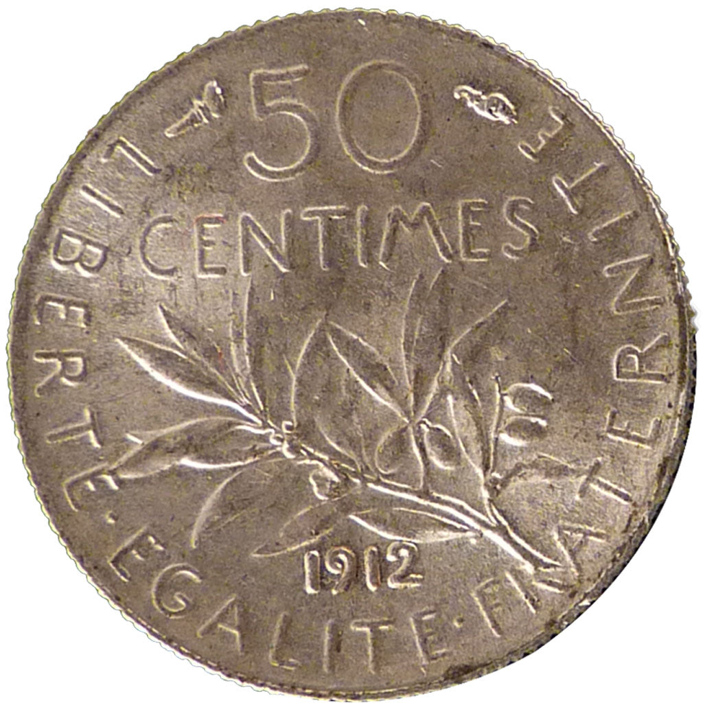 FRANCE, Semeuse, 50 Centimes, 1912, Paris, AU(55-58), Silver, 18.1, Gadoury...