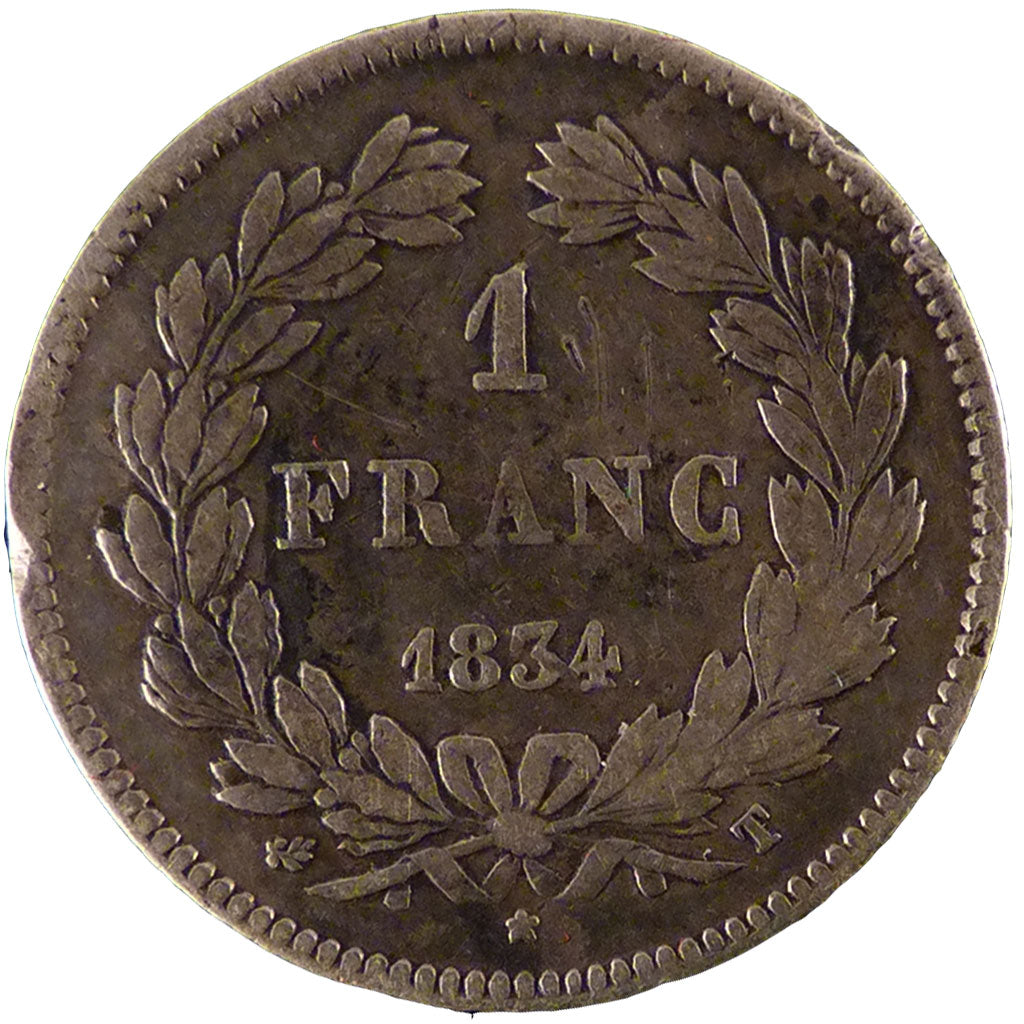 FRANCE, Louis-Philippe, Franc, 1834, Nantes, KM #748.12, VF(20-25), Silver,...