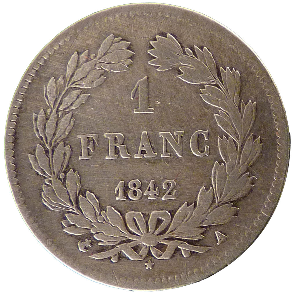 FRANCE, Louis-Philippe, 1 Franc, 1842, Paris, VF(30-35), Silver, Gadoury #453,..