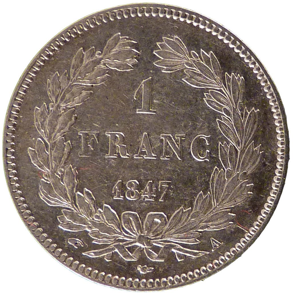 FRANCE, Louis-Philippe, Franc, 1847, Paris, KM #748.1, AU(50-53), Silver,...