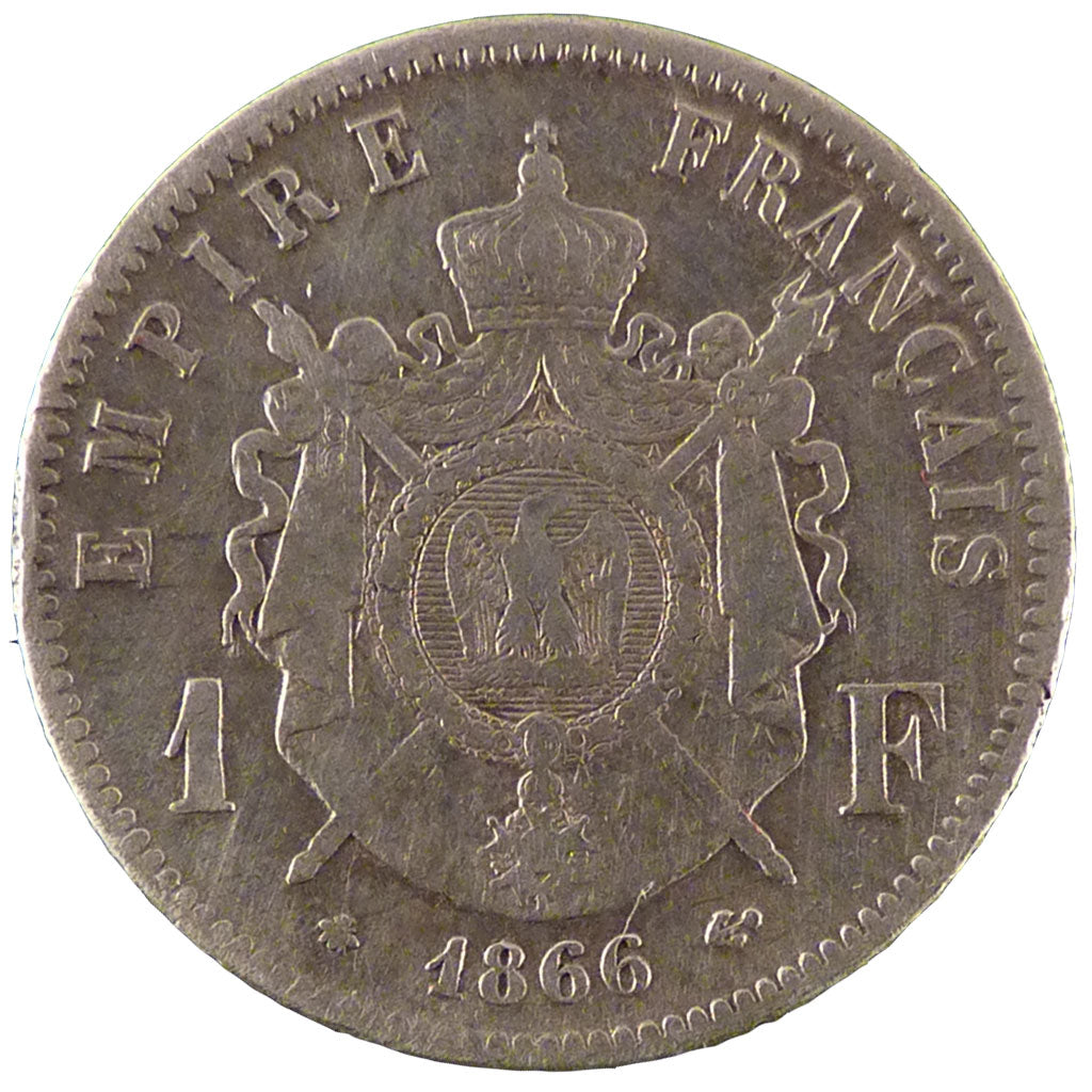 FRANCE, Napoléon III, 1 Franc, 1866, Paris, VF(30-35), Silver, Gadoury #463, 4..