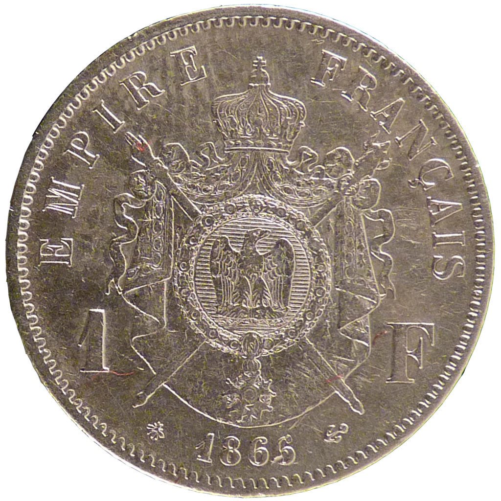 FRANCE, Napoléon III, Franc, 1866, Paris, KM #806.1, AU(50-53), Silver, Gadoury 
