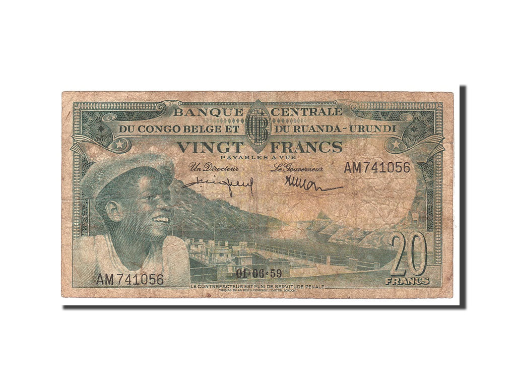 Belgian Congo, 20 Francs, 1959, KM:31, 1959-06-01, VG(8-10)